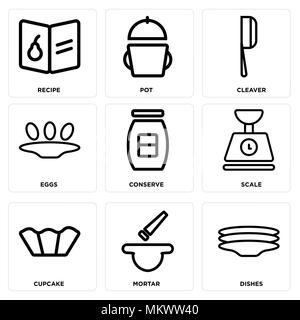Set Of 9 simple editable icons such as Dishes, Mortar, Cupcake, Scale, Conserve, Eggs, Cleaver, Pot, Recipe, can be used for mobile, web Stock Vector