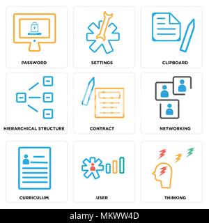 Set Of 9 simple editable icons such as Thinking, User, Curriculum, Networking, Contract, Hierarchical structure, Clipboard, Settings, Password, can be Stock Vector