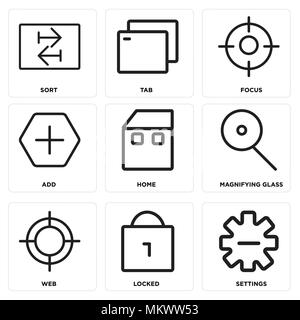 Set Of 9 simple editable icons such as Settings, Locked, Web, Magnifying glass, Home, Add, Focus, Tab, Sort, can be used for mobile, web Stock Vector
