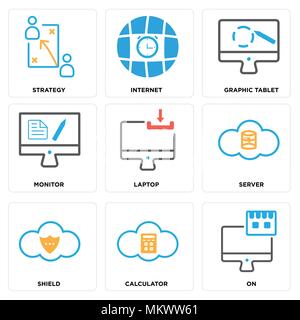 Set Of 9 simple editable icons such as On, Calculator, Shield, Server, Laptop, Monitor, Graphic tablet, Internet, Strategy, can be used for mobile, we Stock Vector