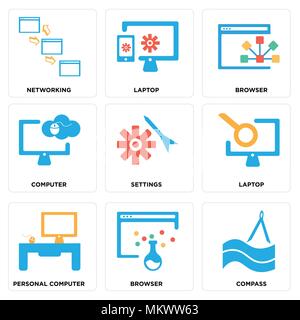Set Of 9 simple editable icons such as Compass, Browser, Personal computer, Laptop, Settings, Computer, Networking, can be used for mobile, web Stock Vector