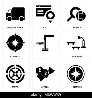 Set Of 9 simple editable icons such as Compass, Africa, Radar, Bus stop, Search, Map, Garbage truck, can be used for mobile, web Stock Vector