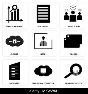 Set Of 9 simple editable icons such as Search statistic, Cloude on computer, Document, Folder, User, Cloude, People wifi, analytic, can be used for mo Stock Vector