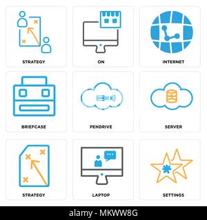Set Of 9 simple editable icons such as Settings, Laptop, Strategy, Server, Pendrive, Briefcase, Internet, On, can be used for mobile, web Stock Vector