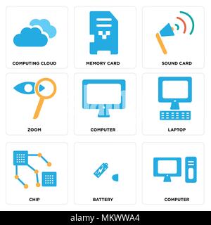 Set Of 9 simple editable icons such as Computer, Battery, Chip, Laptop, Zoom, Sound card, Memory Computing cloud, can be used for mobile, web Stock Vector
