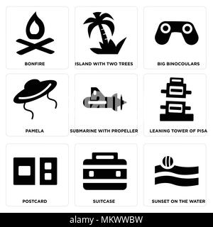 Set Of 9 simple editable icons such as Sunset On the Water, Suitcase, Postcard, Leaning tower of pisa, Submarine with Propeller, Pamela, Big Binocoula Stock Vector