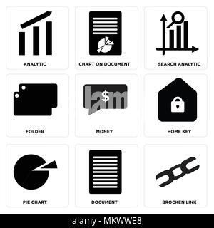 Set Of 9 simple editable icons such as Brocken link, Document, Pie chart, Home key, Money, Folder, Search analytic, Chart on document, Analytic, can b Stock Vector