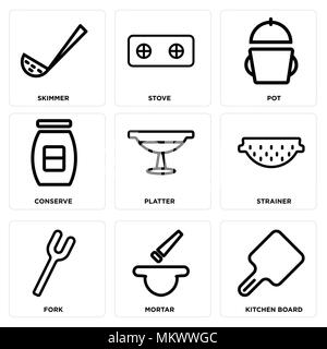 Set Of 9 simple editable icons such as Kitchen board, Mortar, Fork, Strainer, Platter, Conserve, Pot, Stove, Skimmer, can be used for mobile, web Stock Vector