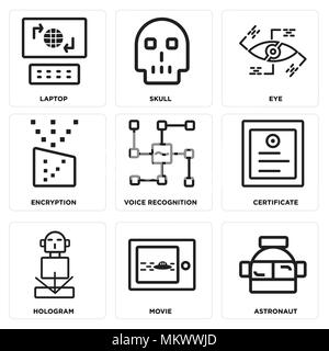 Set Of 9 simple editable icons such as Astronaut, Movie, Hologram, Certificate, Voice recognition, Encryption, Eye, Skull, Laptop, can be used for mob Stock Vector
