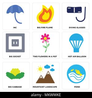 Set Of 9 simple editable icons such as Pond, Mountaint Landscape, Big Cabbage, Hot air Balloon, Two Flowers In a Pot, Socket, Diving Glasses, Fire Fla Stock Vector