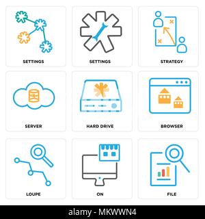 Set Of 9 simple editable icons such as File, On, Loupe, Browser, Hard drive, Server, Strategy, Settings, can be used for mobile, web Stock Vector