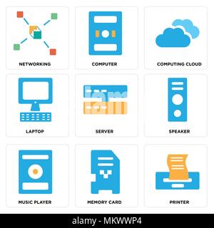 Set Of 9 simple editable icons such as Printer, Memory card, Music player, Speaker, Server, Laptop, Computing cloud, Computer, Networking, can be used Stock Vector