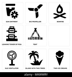Set Of 9 simple editable icons such as Two Ice Creams, Island with Trees, Old Ventilator, Message In a Bottle On the Water, Tent, Leaning tower of pis Stock Vector