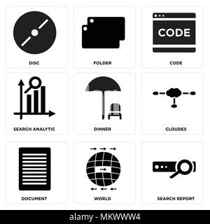 Set Of 9 simple editable icons such as Search report, World, Document, Cloudes, Dinner, analytic, Code, Folder, Disc, can be used for mobile, web Stock Vector