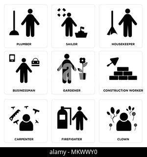 Set Of 9 simple editable icons such as Clown, Firefighter, Carpenter, Construction worker, Gardener, Businessman, housekeeper, Sailor, Plumber, can be Stock Vector