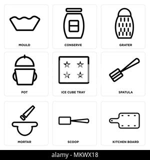 Set Of 9 simple editable icons such as Kitchen board, Scoop, Mortar, Spatula, Ice cube tray, Pot, Grater, Conserve, Mould, can be used for mobile, web Stock Vector