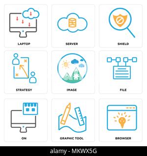 Set Of 9 simple editable icons such as Browser, Graphic tool, On, File, Image, Strategy, Shield, Server, Laptop, can be used for mobile, web Stock Vector