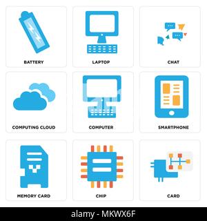 Set Of 9 simple editable icons such as Card, Chip, Memory card, Smartphone, Computer, Computing cloud, Chat, Laptop, Battery, can be used for mobile,  Stock Vector