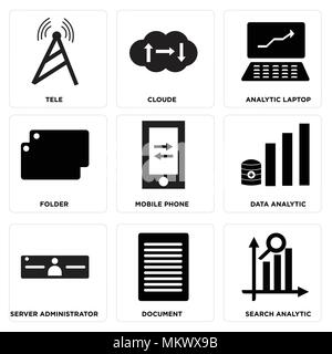 Set Of 9 simple editable icons such as Search analytic, Document, Server administrator, Data Mobile phone, Folder, Analytic laptop, Cloude, Tele, can  Stock Vector