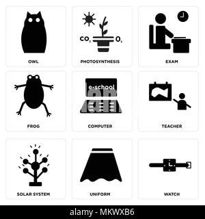 Set Of 9 simple editable icons such as Watch, Uniform, Solar system, Teacher, Computer, Frog, Exam, Photosynthesis, Owl, can be used for mobile, web Stock Vector