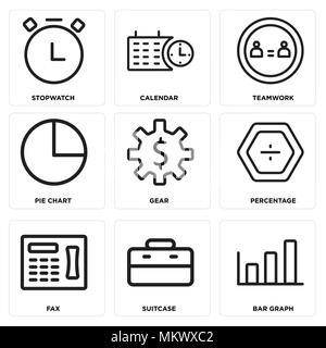 Set Of 9 simple editable icons such as Bar graph, Suitcase, Fax, Percentage, Gear, Pie chart, Teamwork, Calendar, Stopwatch, can be used for mobile, w Stock Vector