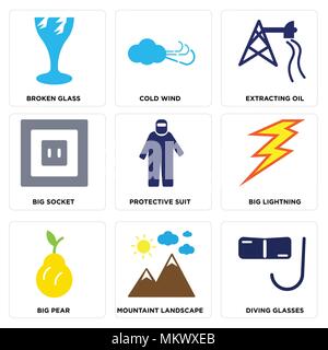 Set Of 9 simple editable icons such as Diving Glasses, Mountaint Landscape, Big Pear, Lightning, Protective Suit, Socket, Extracting Oil, Cold Wind, B Stock Vector