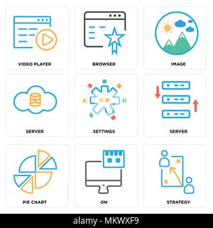 Set Of 9 simple editable icons such as Strategy, On, Pie chart, Server, Settings, Image, Browser, Video player, can be used for mobile, web Stock Vector