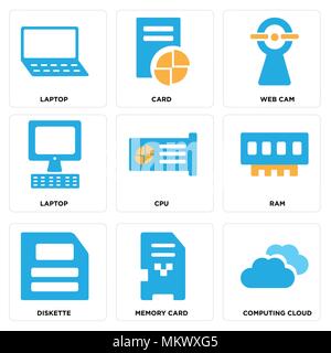 Set Of 9 simple editable icons such as Computing cloud, Memory card, Diskette, Ram, Cpu, Laptop, Web cam, Card, can be used for mobile, web Stock Vector