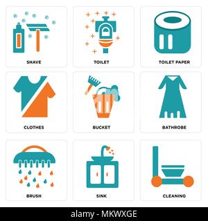 Set Of 9 simple editable icons such as Cleaning, Sink, Brush, Bathrobe, Bucket, Clothes, Toilet paper, Toilet, Shave, can be used for mobile, web Stock Vector