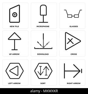 Set Of 9 simple editable icons such as Right arrow, Sort, Left Cross, Download, Up Glasses, Microphone, New file, can be used for mobile, web Stock Vector