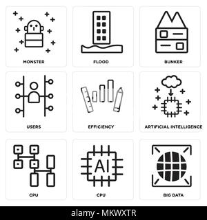 Set Of 9 simple editable icons such as Big data, Cpu, Artificial intelligence, Efficiency, Users, Bunker, Flood, Monster, can be used for mobile, web Stock Vector