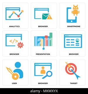 Set Of 9 simple editable icons such as Target, Browser, User, Presentation, Smartphone, Analytics, can be used for mobile, web Stock Vector