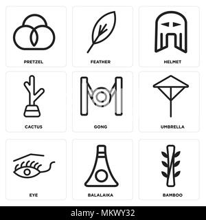 Set Of 9 simple editable icons such as Bamboo, Balalaika, Eye, Umbrella, Gong, Cactus, Helmet, Feather, Pretzel, can be used for mobile, web Stock Vector