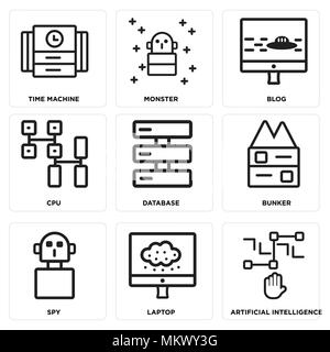 Set Of 9 simple editable icons such as Artificial intelligence, Laptop, Spy, Bunker, Database, Cpu, Blog, Monster, Time machine, can be used for mobil Stock Vector