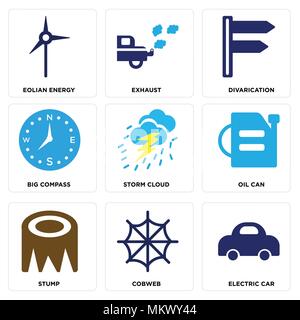 Set Of 9 simple editable icons such as Electric Car, Cobweb, Stump, Oil Can, Storm Cloud, Big Compass, Divarication, Exhaust, Eolian Energy, can be us Stock Vector