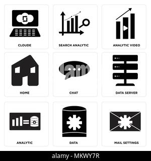Set Of 9 simple editable icons such as Mail settings, Data, Analytic, Data server, Chat, Home, Analytic video, Search analytic, Cloude, can be used fo Stock Vector