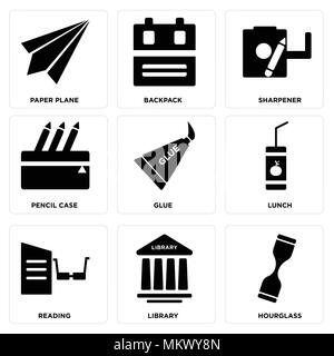 Set Of 9 simple editable icons such as Hourglass, Library, Reading, Lunch, Glue, Pencil case, Sharpener, Backpack, Paper plane, can be used for mobile Stock Vector