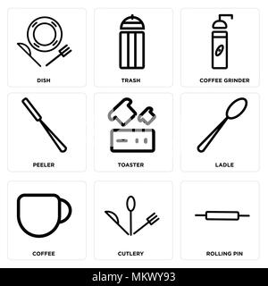 Set Of 9 simple editable icons such as Rolling pin, Cutlery, Coffee, Ladle, Toaster, Peeler, Coffee grinder, Trash, Dish, can be used for mobile, web Stock Vector