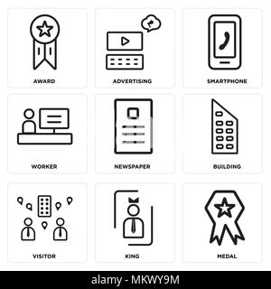 Set Of 9 simple editable icons such as Medal, King, Visitor, Building, Newspaper, Worker, Smartphone, Advertising, Award, can be used for mobile, web Stock Vector