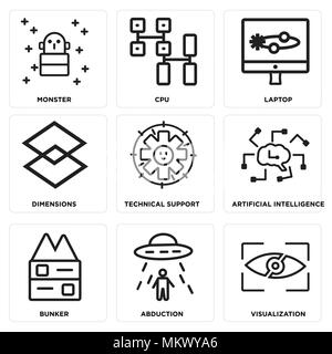 Set Of 9 simple editable icons such as Visualization, Abduction, Bunker, Artificial intelligence, Technical Support, Dimensions, Laptop, Cpu, Monster, Stock Vector