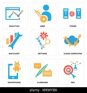 Set Of 9 simple editable icons such as Seo, Clipboard, Smartphone, Cloud computing, Settings, Bar chart, Tower, User, Analytics, can be used for mobil Stock Vector