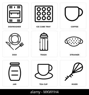 Set Of 9 simple editable icons such as Mixer, Tea cup, Jar, Strainer, Trash, Dish, Coffee, Ice cube tray, Dishwasher, can be used for mobile, web Stock Vector