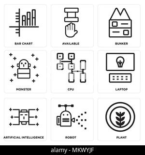 Set Of 9 simple editable icons such as Plant, Robot, Artificial intelligence, Laptop, Cpu, Monster, Bunker, Available, Bar chart, can be used for mobi Stock Vector