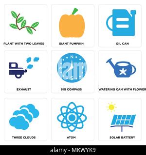 Set Of 9 simple editable icons such as Solar Battery, Atom, Three Clouds, Watering Can with Flower, Big Compass, Exhaust, Oil Can, Giant Pumpkin, Plan Stock Vector