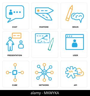 Set Of 9 simple editable icons such as Api, Network, Cube, User, Presentation, Brain, Pantone, Chat, can be used for mobile, web Stock Vector