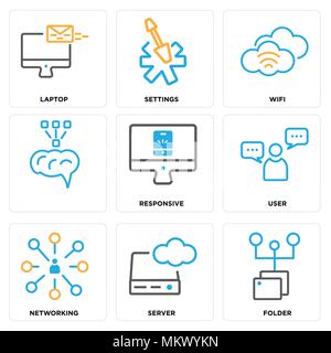 Set Of 9 simple editable icons such as Folder, Server, Networking, User, Responsive, Wifi, Settings, Laptop, can be used for mobile, web Stock Vector
