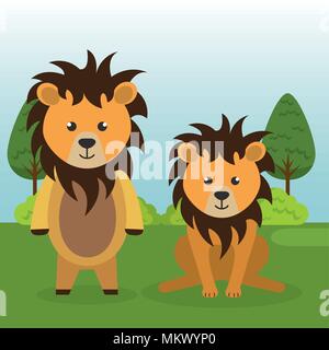 cute lions couple in the field landscape characters Stock Vector