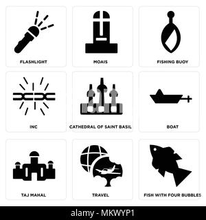Set Of 9 simple editable icons such as Fish with Four bubbles, Travel, Taj mahal, Boat, Cathedral of saint basil, Inc, Fishing Buoy, Moais, Flashlight Stock Vector