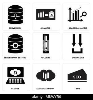 Set Of 9 simple editable icons such as seo, Cloude and sun, Cloude, Download, Folders, Server data setting, Search analytic, Analytic, key, can be use Stock Vector
