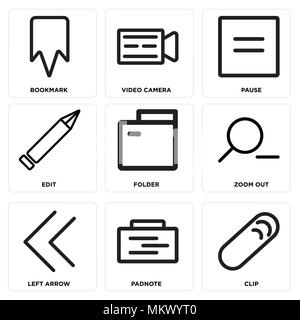 Set Of 9 simple editable icons such as Clip, Padnote, Left arrow, Zoom out, Folder, Edit, Pause, Video camera, Bookmark, can be used for mobile, web Stock Vector